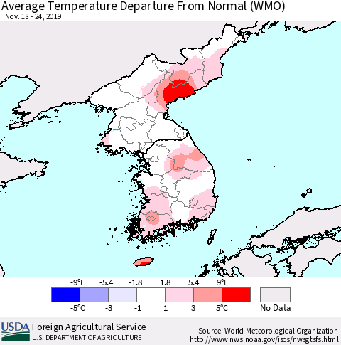 Korea Average Temperature Departure from Normal (WMO) Thematic Map For 11/18/2019 - 11/24/2019