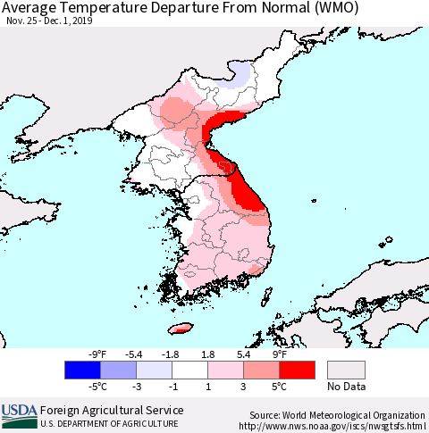 Korea Average Temperature Departure from Normal (WMO) Thematic Map For 11/25/2019 - 12/1/2019