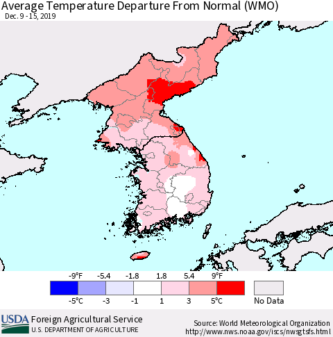 Korea Average Temperature Departure from Normal (WMO) Thematic Map For 12/9/2019 - 12/15/2019