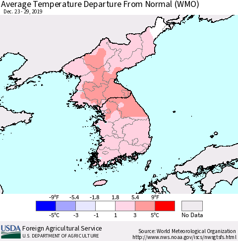 Korea Average Temperature Departure from Normal (WMO) Thematic Map For 12/23/2019 - 12/29/2019