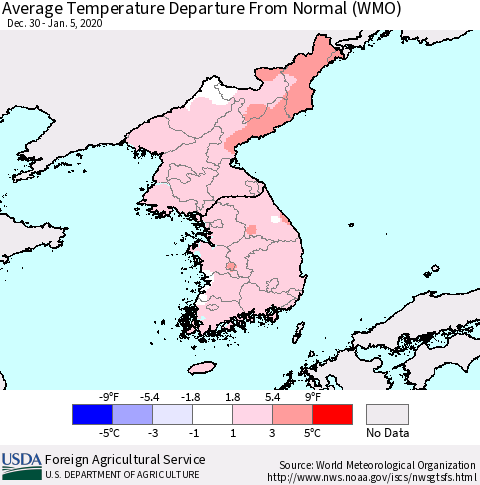 Korea Average Temperature Departure from Normal (WMO) Thematic Map For 12/30/2019 - 1/5/2020