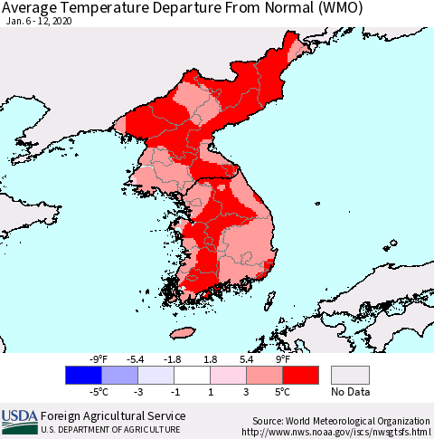 Korea Average Temperature Departure from Normal (WMO) Thematic Map For 1/6/2020 - 1/12/2020