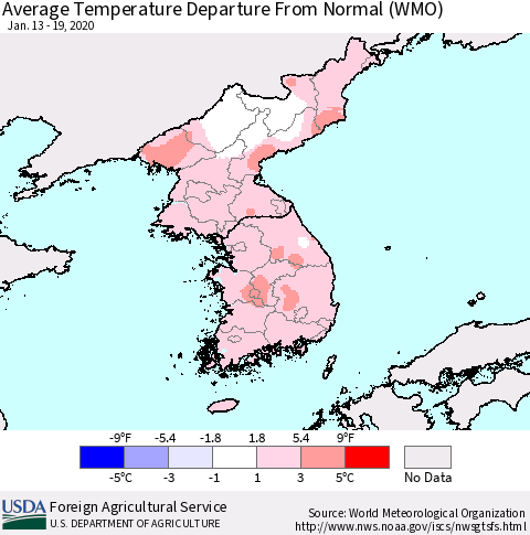 Korea Average Temperature Departure from Normal (WMO) Thematic Map For 1/13/2020 - 1/19/2020