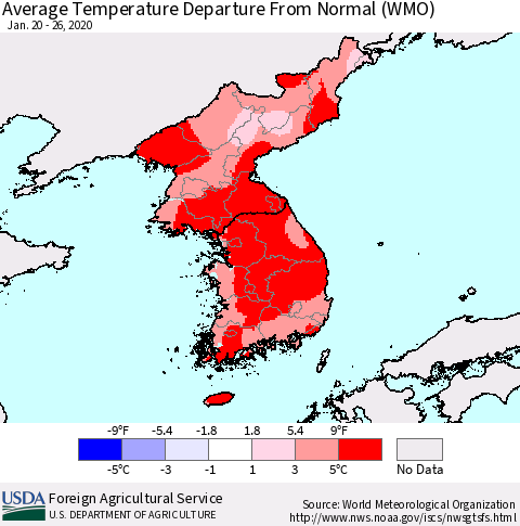 Korea Average Temperature Departure from Normal (WMO) Thematic Map For 1/20/2020 - 1/26/2020