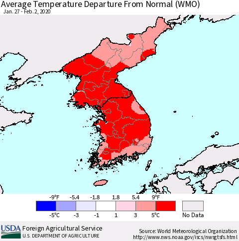 Korea Average Temperature Departure from Normal (WMO) Thematic Map For 1/27/2020 - 2/2/2020