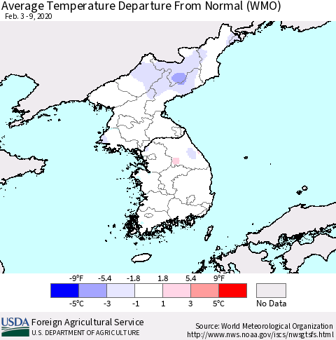 Korea Average Temperature Departure from Normal (WMO) Thematic Map For 2/3/2020 - 2/9/2020