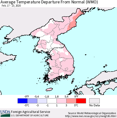 Korea Average Temperature Departure from Normal (WMO) Thematic Map For 2/17/2020 - 2/23/2020