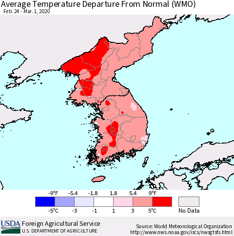 Korea Average Temperature Departure from Normal (WMO) Thematic Map For 2/24/2020 - 3/1/2020