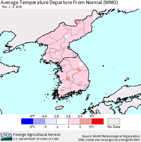 Korea Average Temperature Departure from Normal (WMO) Thematic Map For 3/2/2020 - 3/8/2020