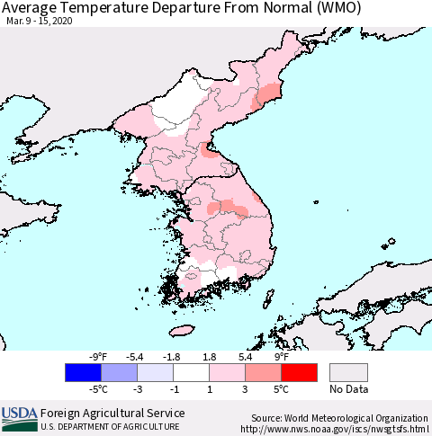 Korea Average Temperature Departure from Normal (WMO) Thematic Map For 3/9/2020 - 3/15/2020