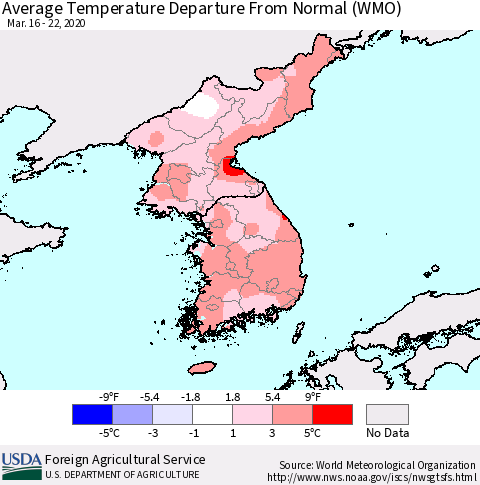 Korea Average Temperature Departure from Normal (WMO) Thematic Map For 3/16/2020 - 3/22/2020
