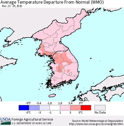 Korea Average Temperature Departure from Normal (WMO) Thematic Map For 3/23/2020 - 3/29/2020