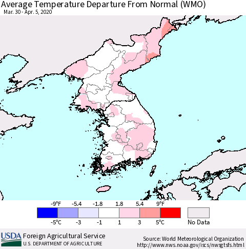 Korea Average Temperature Departure from Normal (WMO) Thematic Map For 3/30/2020 - 4/5/2020