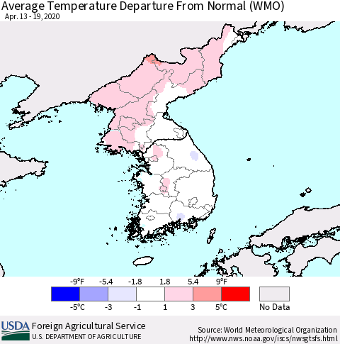 Korea Average Temperature Departure from Normal (WMO) Thematic Map For 4/13/2020 - 4/19/2020
