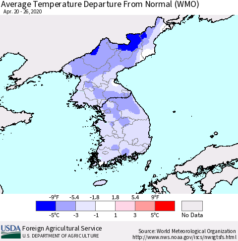 Korea Average Temperature Departure from Normal (WMO) Thematic Map For 4/20/2020 - 4/26/2020