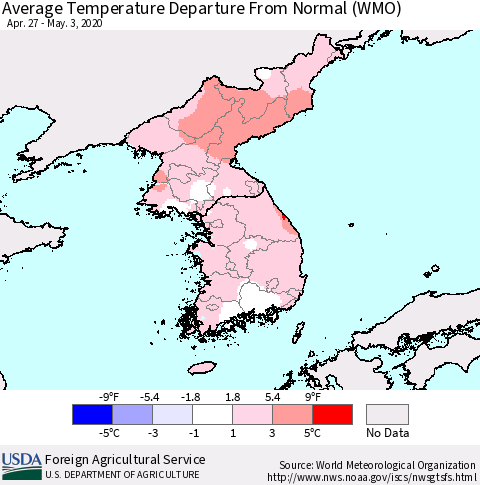Korea Average Temperature Departure from Normal (WMO) Thematic Map For 4/27/2020 - 5/3/2020