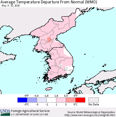 Korea Average Temperature Departure from Normal (WMO) Thematic Map For 5/4/2020 - 5/10/2020
