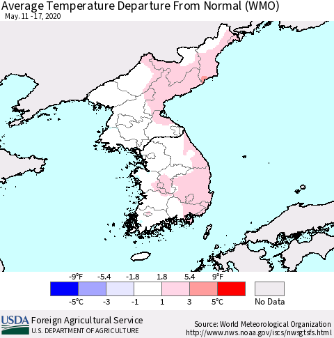Korea Average Temperature Departure from Normal (WMO) Thematic Map For 5/11/2020 - 5/17/2020