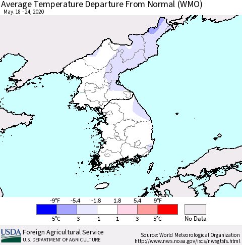 Korea Average Temperature Departure from Normal (WMO) Thematic Map For 5/18/2020 - 5/24/2020