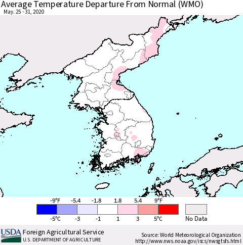 Korea Average Temperature Departure from Normal (WMO) Thematic Map For 5/25/2020 - 5/31/2020