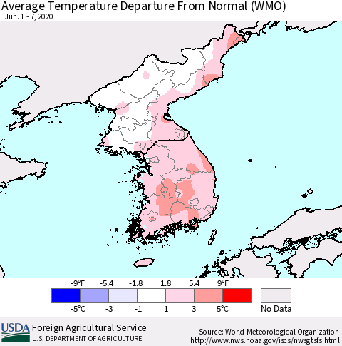 Korea Average Temperature Departure from Normal (WMO) Thematic Map For 6/1/2020 - 6/7/2020