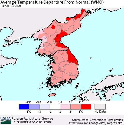 Korea Average Temperature Departure from Normal (WMO) Thematic Map For 6/8/2020 - 6/14/2020