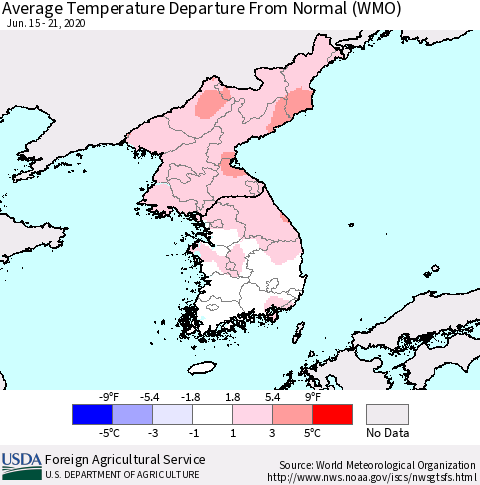 Korea Average Temperature Departure from Normal (WMO) Thematic Map For 6/15/2020 - 6/21/2020