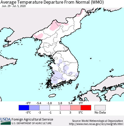 Korea Average Temperature Departure from Normal (WMO) Thematic Map For 6/29/2020 - 7/5/2020