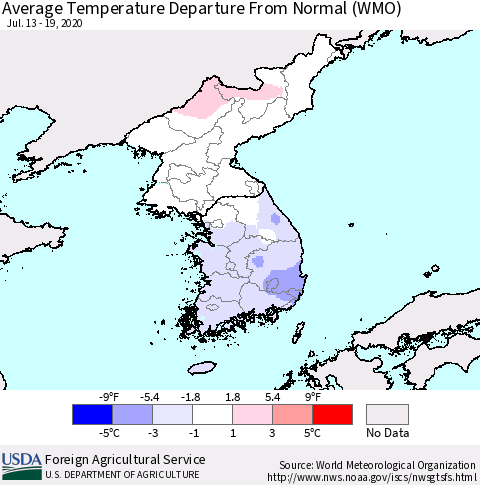 Korea Average Temperature Departure from Normal (WMO) Thematic Map For 7/13/2020 - 7/19/2020