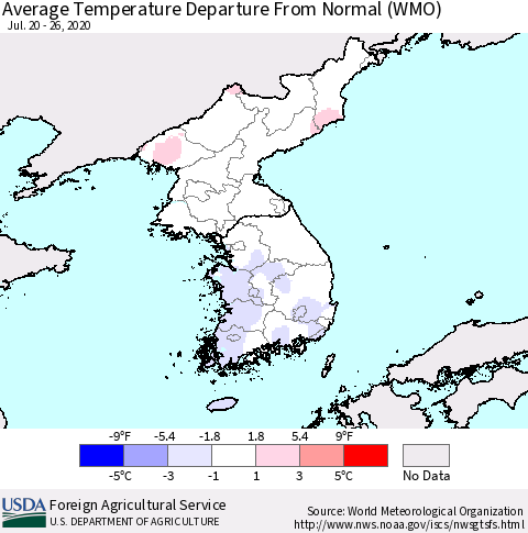Korea Average Temperature Departure from Normal (WMO) Thematic Map For 7/20/2020 - 7/26/2020