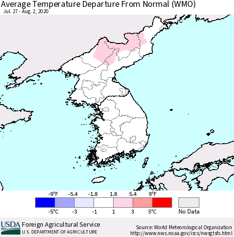 Korea Average Temperature Departure from Normal (WMO) Thematic Map For 7/27/2020 - 8/2/2020