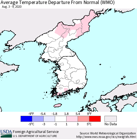 Korea Average Temperature Departure from Normal (WMO) Thematic Map For 8/3/2020 - 8/9/2020