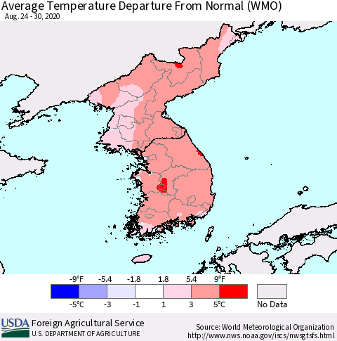 Korea Average Temperature Departure from Normal (WMO) Thematic Map For 8/24/2020 - 8/30/2020