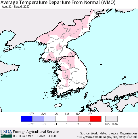 Korea Average Temperature Departure from Normal (WMO) Thematic Map For 8/31/2020 - 9/6/2020