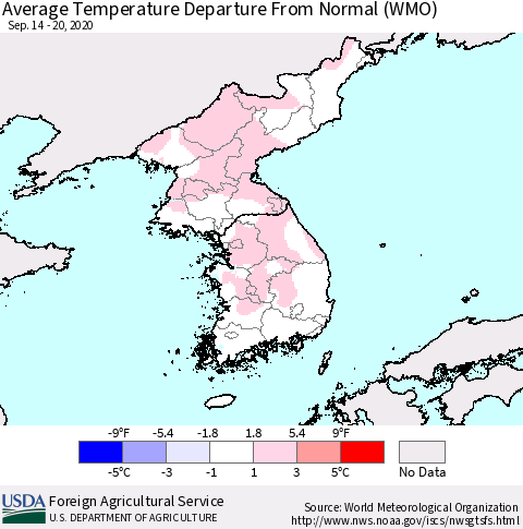 Korea Average Temperature Departure from Normal (WMO) Thematic Map For 9/14/2020 - 9/20/2020