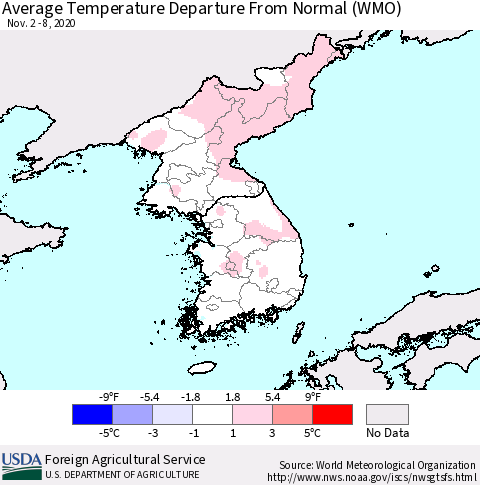 Korea Average Temperature Departure from Normal (WMO) Thematic Map For 11/2/2020 - 11/8/2020