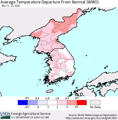 Korea Average Temperature Departure from Normal (WMO) Thematic Map For 11/9/2020 - 11/15/2020