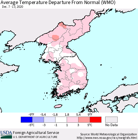 Korea Average Temperature Departure from Normal (WMO) Thematic Map For 12/7/2020 - 12/13/2020