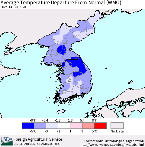 Korea Average Temperature Departure from Normal (WMO) Thematic Map For 12/14/2020 - 12/20/2020
