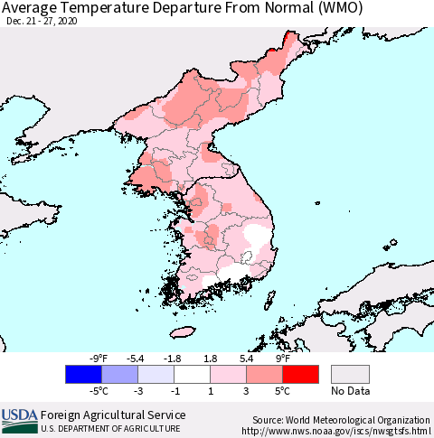Korea Average Temperature Departure from Normal (WMO) Thematic Map For 12/21/2020 - 12/27/2020