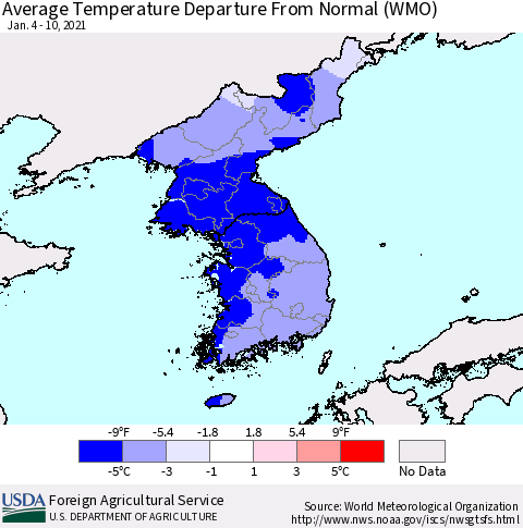 Korea Average Temperature Departure from Normal (WMO) Thematic Map For 1/4/2021 - 1/10/2021