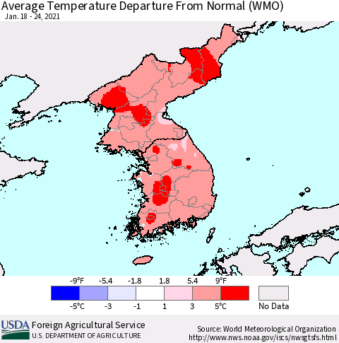 Korea Average Temperature Departure from Normal (WMO) Thematic Map For 1/18/2021 - 1/24/2021