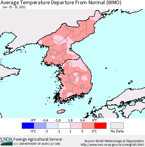 Korea Average Temperature Departure from Normal (WMO) Thematic Map For 1/25/2021 - 1/31/2021