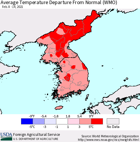 Korea Average Temperature Departure from Normal (WMO) Thematic Map For 2/8/2021 - 2/14/2021