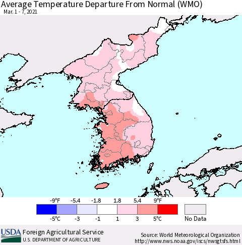 Korea Average Temperature Departure from Normal (WMO) Thematic Map For 3/1/2021 - 3/7/2021