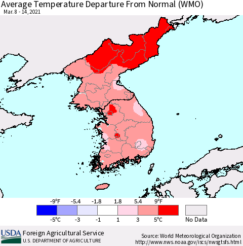 Korea Average Temperature Departure from Normal (WMO) Thematic Map For 3/8/2021 - 3/14/2021