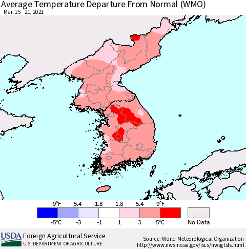 Korea Average Temperature Departure from Normal (WMO) Thematic Map For 3/15/2021 - 3/21/2021