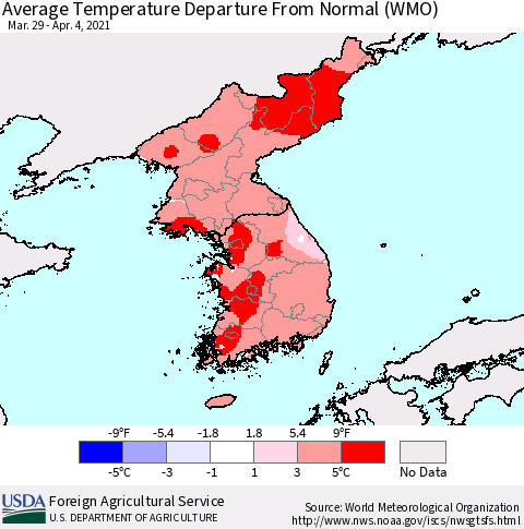Korea Average Temperature Departure from Normal (WMO) Thematic Map For 3/29/2021 - 4/4/2021