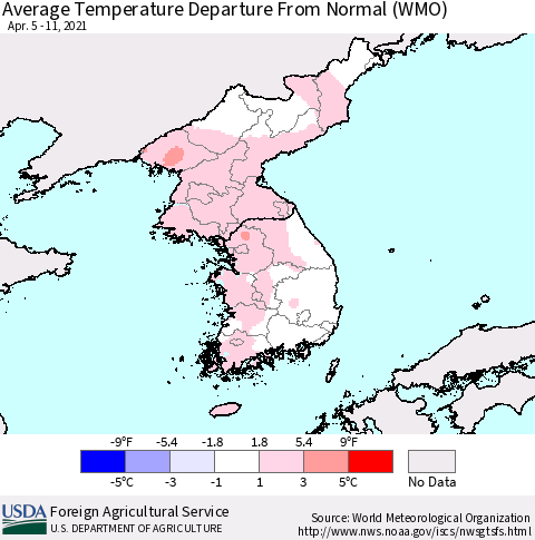 Korea Average Temperature Departure from Normal (WMO) Thematic Map For 4/5/2021 - 4/11/2021