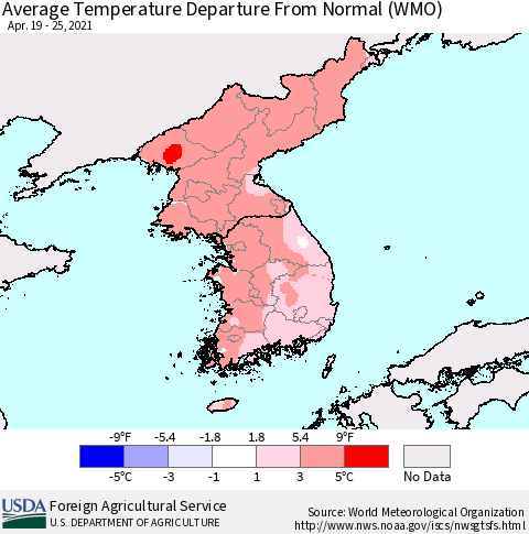 Korea Average Temperature Departure from Normal (WMO) Thematic Map For 4/19/2021 - 4/25/2021
